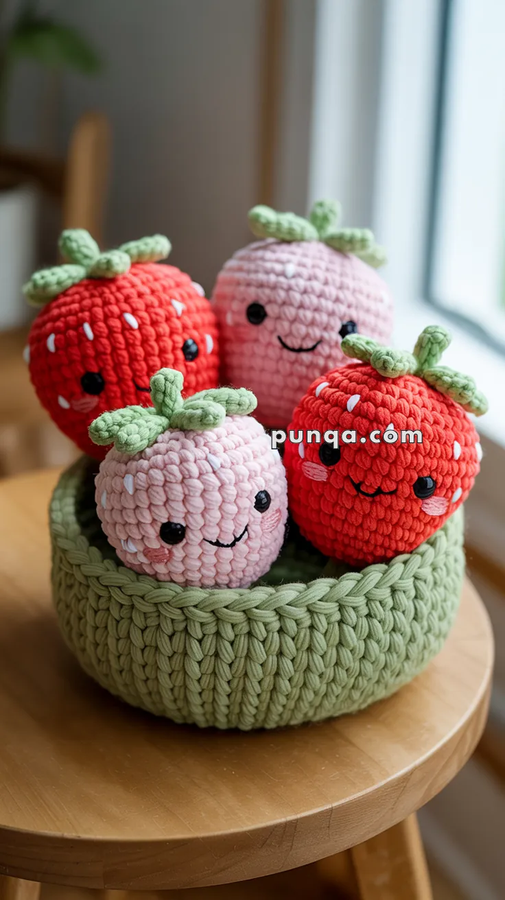 A knitted bowl containing four crocheted strawberries with smiling faces and green tops, placed on a wooden surface.