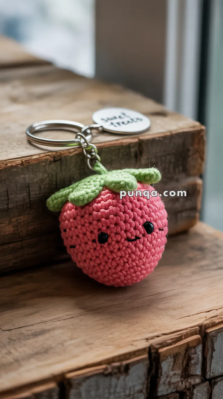 A crocheted pink strawberry keychain with green leaves and a smiling face, attached to a metal keyring with a round tag reading 'sweet treats,' resting on a wooden surface.