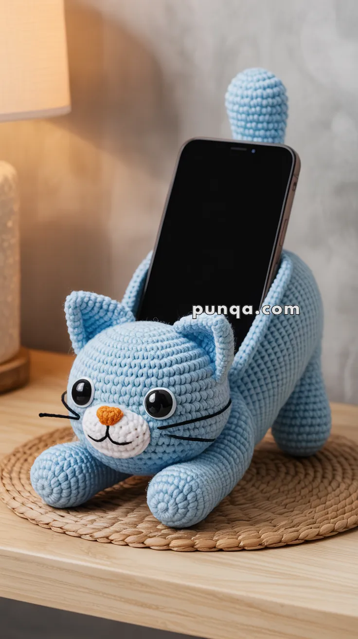 A blue crocheted cat-shaped phone holder with large eyes and an orange nose, holding a smartphone upright on a wooden surface.