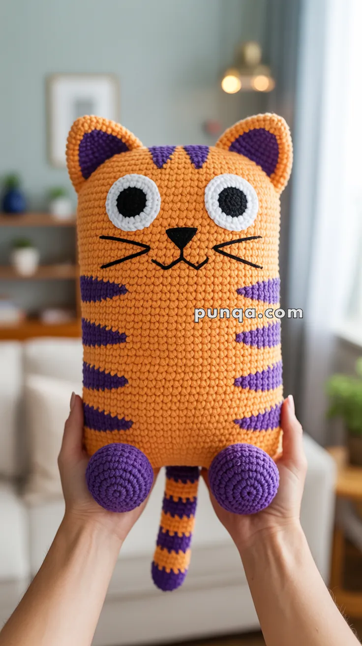 A person holding a crocheted cat pillow with an orange body and purple stripes and details, featuring large white and black eyes and a small nose, in a cozy living room setting.
