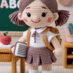 A crocheted doll of a schoolgirl with brown hair tied in pigtails, wearing a white shirt, brown skirt, and a yellow backpack, holds a small book. She stands in front of a small table with a crocheted apple and a chalkboard in the background with the letters 'ABC' visible.