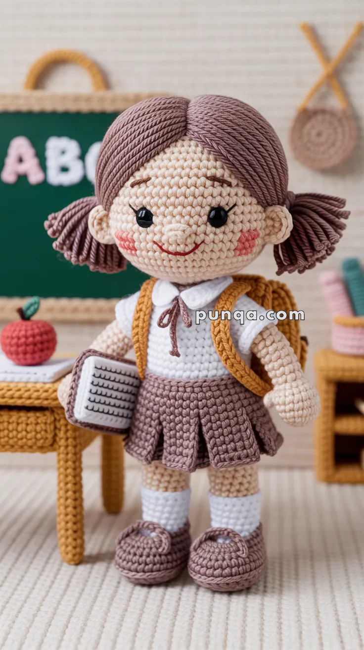 A crocheted doll of a schoolgirl with brown hair tied in pigtails, wearing a white shirt, brown skirt, and a yellow backpack, holds a small book. She stands in front of a small table with a crocheted apple and a chalkboard in the background with the letters 'ABC' visible.
