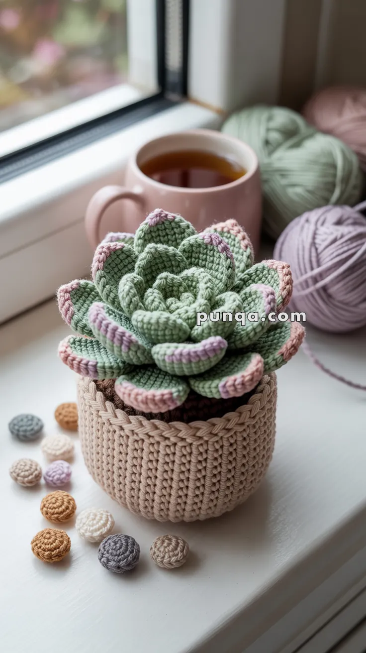 A crocheted succulent plant in a knitted pot is placed on a windowsill beside a cup of tea and several balls of yarn in pastel colors.