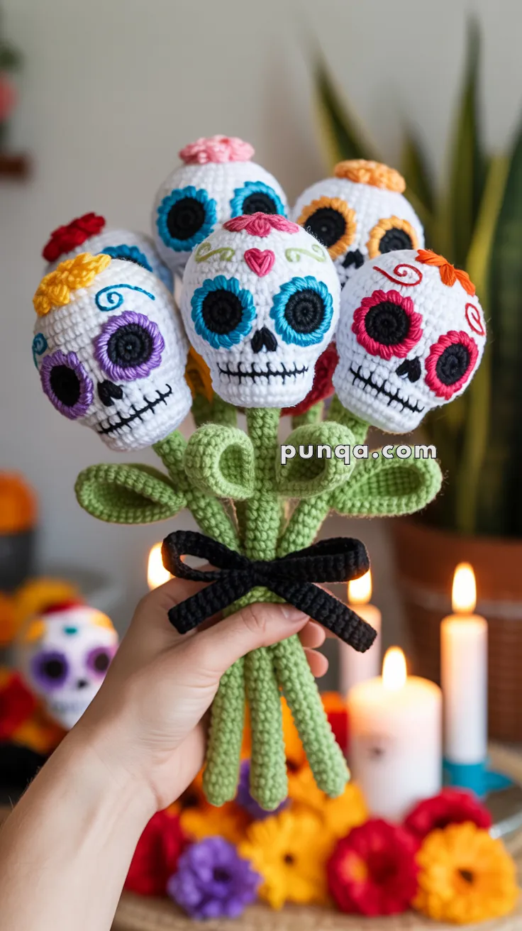 A hand holds a crocheted bouquet of sugar skull flowers, each with colorful decorations, surrounded by green crocheted leaves and stems tied with a black ribbon. In the background, there are blurred flowers and lit candles.