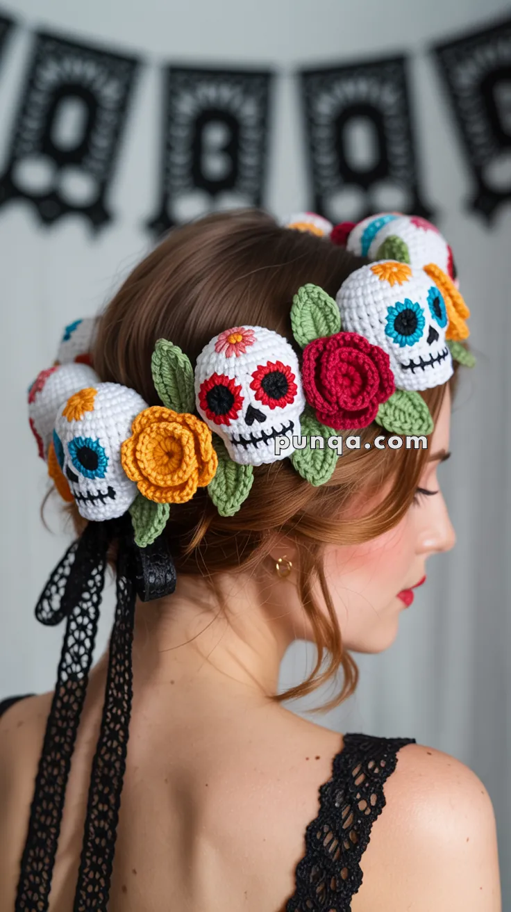 A person wearing a colorful crochet headband adorned with skulls and flowers, with a papercut banner in the background.