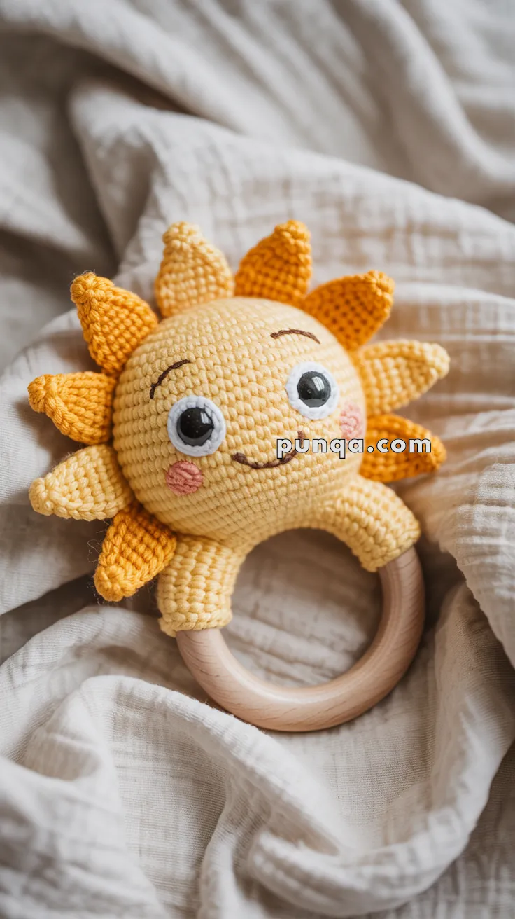 A crocheted toy in the shape of a smiling sun with a wooden ring attached, resting on soft fabric.