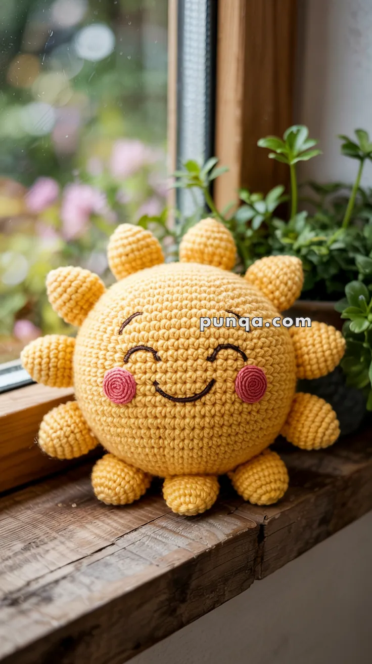 A crocheted sun toy with a smiling face, pink cheeks, and small sunray arms, sitting on a wooden windowsill beside green plants.
