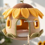A crocheted birdhouse designed to resemble a sunflower, with yellow petals on top, green leaf accents, and a small bee hanging from it.