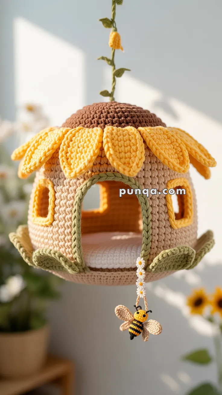 A crocheted birdhouse designed to resemble a sunflower, with yellow petals on top, green leaf accents, and a small bee hanging from it.
