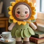 A crocheted doll with a sunflower design, featuring a smiling face, brown hair, yellow petals around the head, a green dress, and brown shoes, standing on a round table next to a teacup and books by a window.