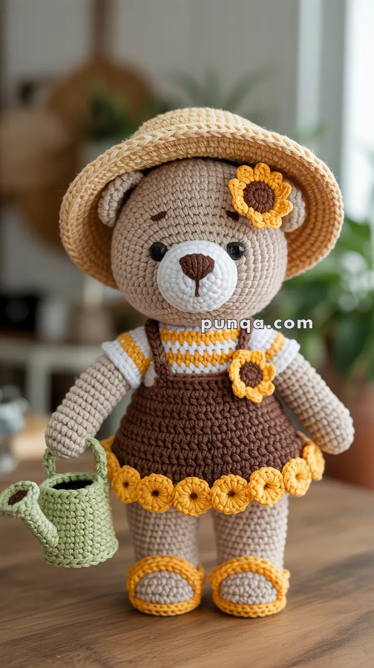 Crocheted teddy bear wearing a sun hat, brown overalls, and yellow sandals, holding a green watering can.