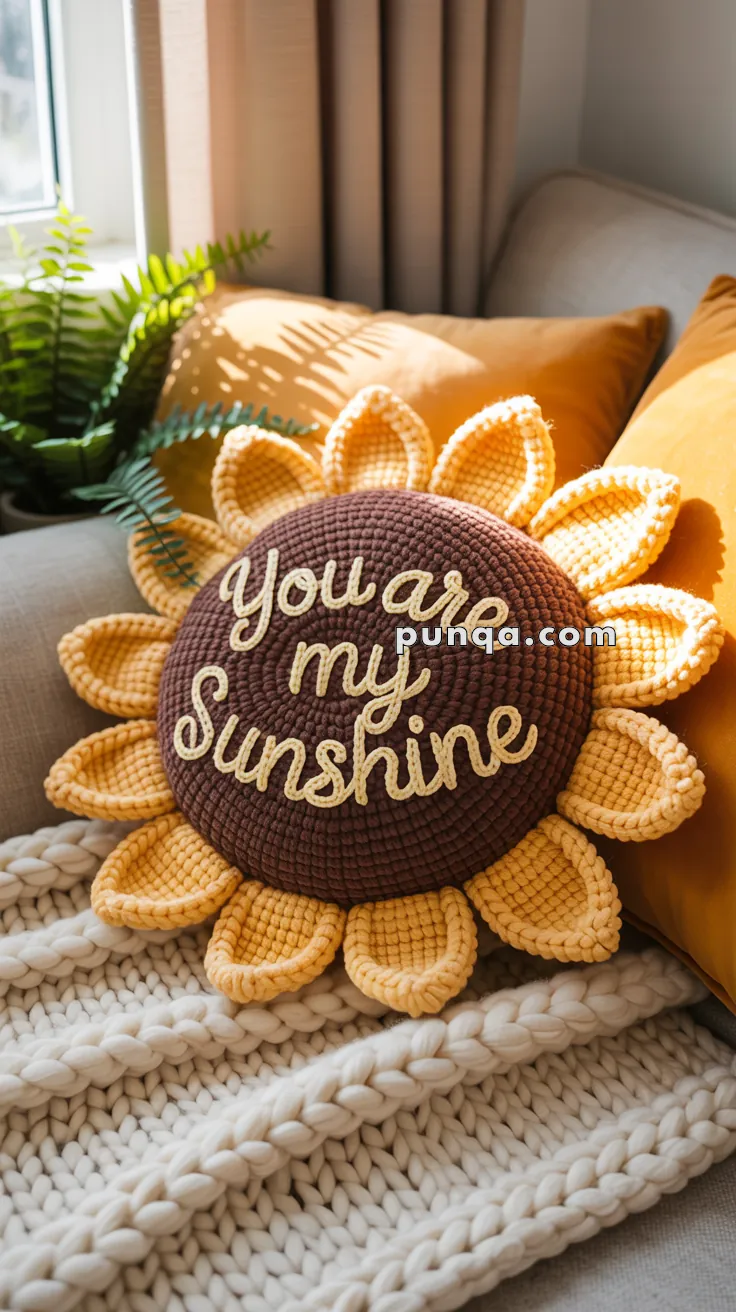 A crochet sunflower pillow with the words "You are my sunshine" is placed on a beige knitted blanket, surrounded by yellow cushions and greenery by a window.