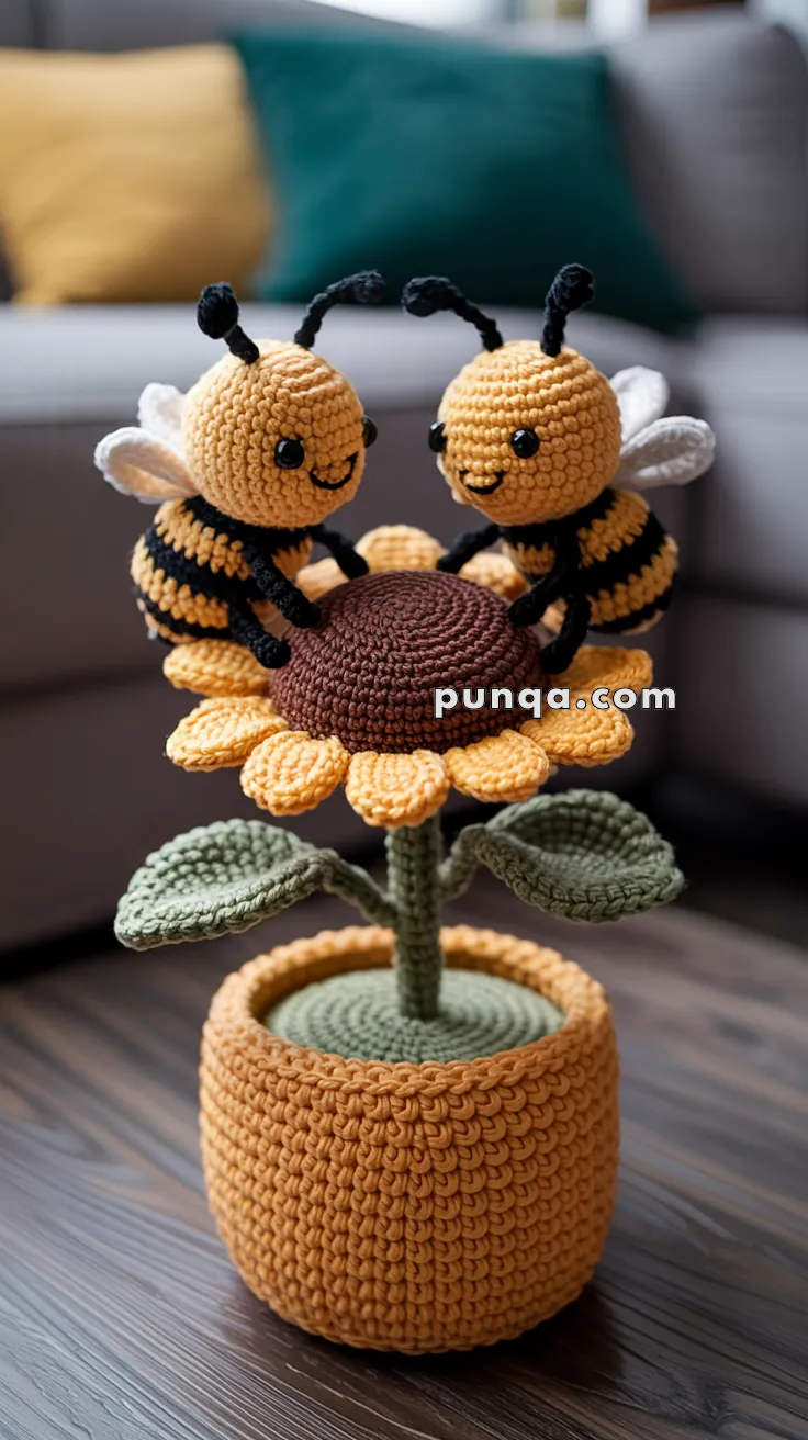 Two crocheted bees with smiling faces are sitting on a large crocheted sunflower in a crocheted pot, placed on a wooden floor with a sofa in the background.
