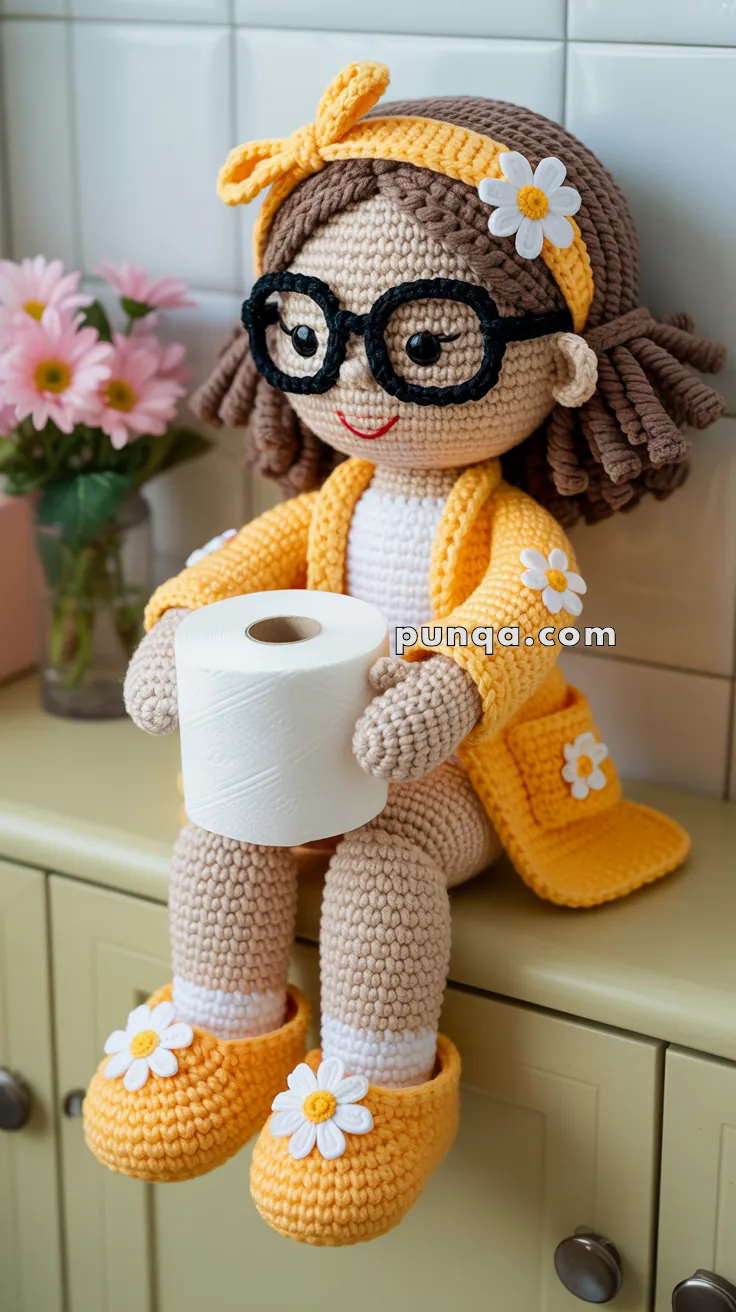 A crocheted doll wearing a yellow robe and slippers with daisy decorations sits on a cabinet, holding a roll of toilet paper. The doll has brown hair, black glasses, and is adorned with pink flowers in the background.