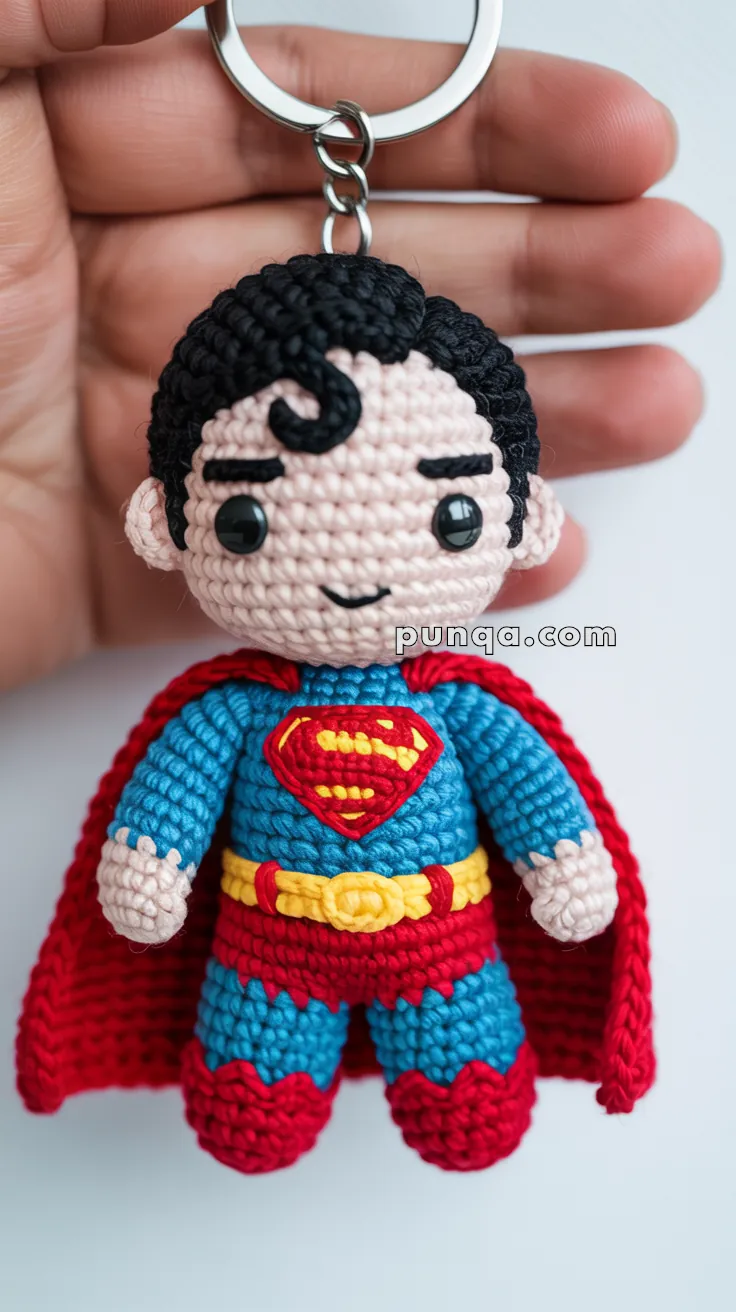 Crocheted keychain resembling a superhero, with a blue suit, red cape, and emblem on the chest, held in a person's hand.