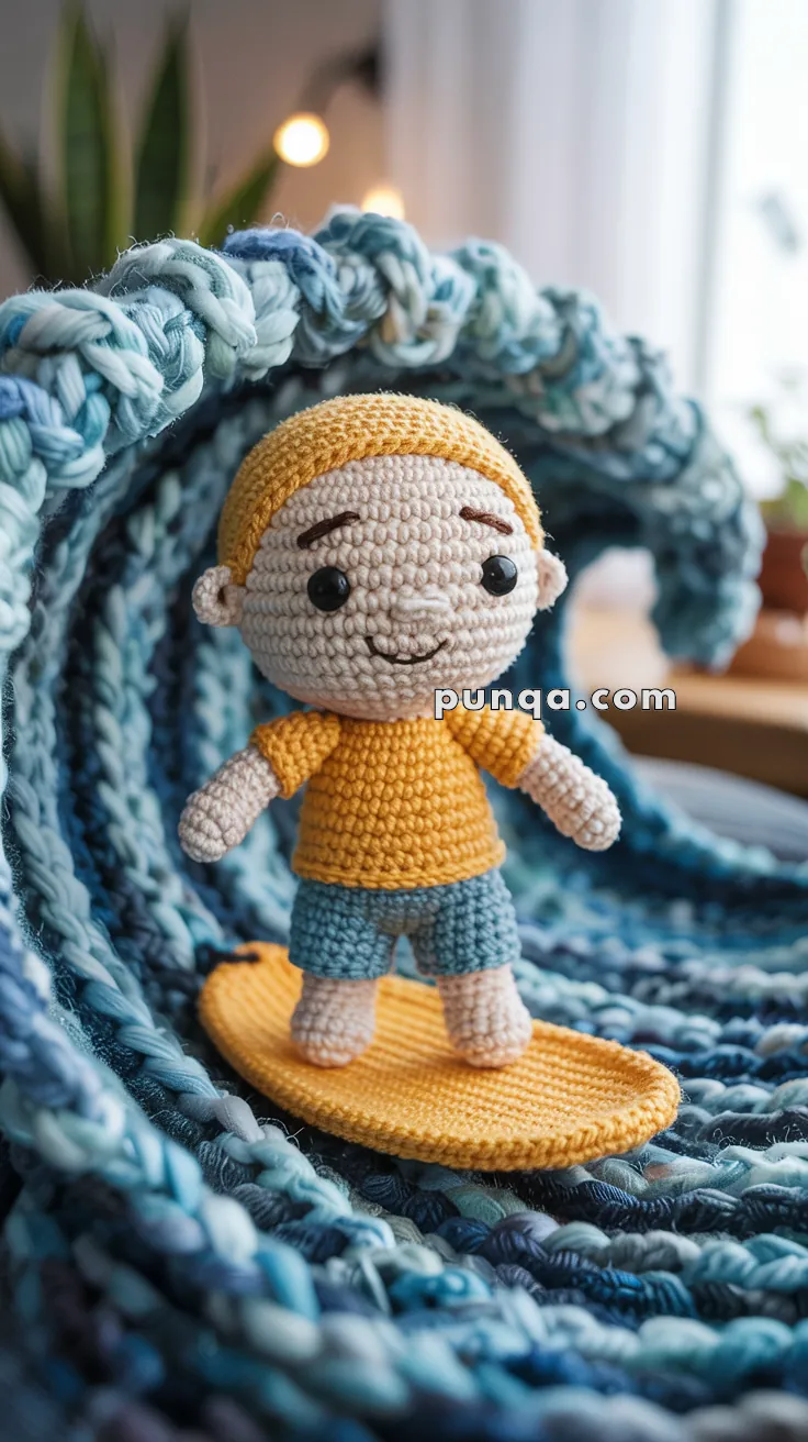 A crocheted doll wearing a yellow top and blue shorts stands on a crocheted yellow surfboard, with a knitted wave pattern in the background.