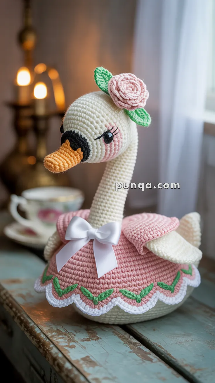A crocheted swan figurine wearing a pink dress with green leaf details and a white bow, featuring a pink rose on its head. It is set on a wooden surface with a teacup and candle in the background.