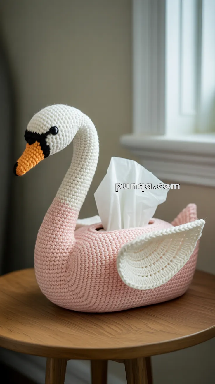 A knitted swan-shaped tissue box cover with a pink body and white neck, sitting on a wooden stool near a window.