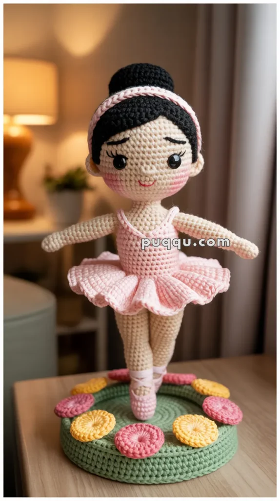 A crocheted doll in a ballet pose, wearing a pink tutu and matching ballet shoes, is displayed on a round crocheted base adorned with pink and yellow flowers.