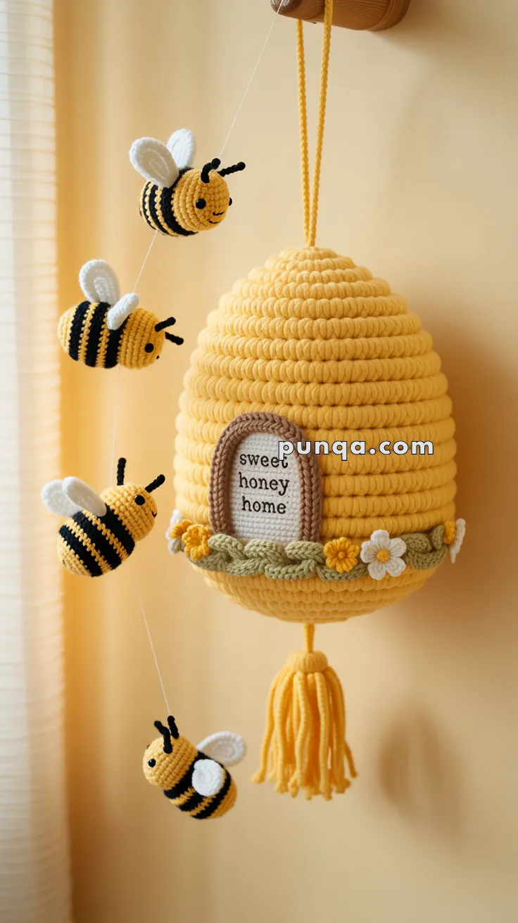 A handmade crochet mobile featuring a yellow beehive with a sign saying 'sweet honey home' and four crocheted bees suspended around it. The hive is adorned with small crochet flowers and has a tassel at the bottom, all against a warm, beige background.