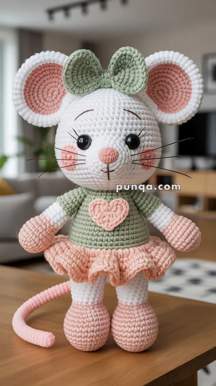 A crocheted amigurumi mouse with large ears and whiskers, wearing a green bow and a matching green shirt with a heart motif, along with a pink tutu skirt, standing on a wooden surface indoors.