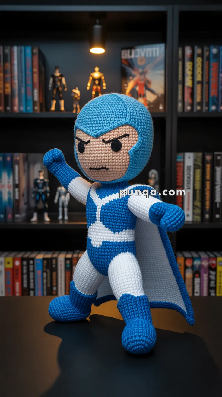 A crochet doll of a superhero in a blue and white costume with a determined expression, standing in a dynamic pose on a table in front of a bookshelf with comic books and action figures.