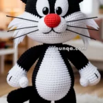 A crocheted black and white cat figure with a red nose, depicting a cartoon-style character, standing on a woven mat in a cozy room setting.
