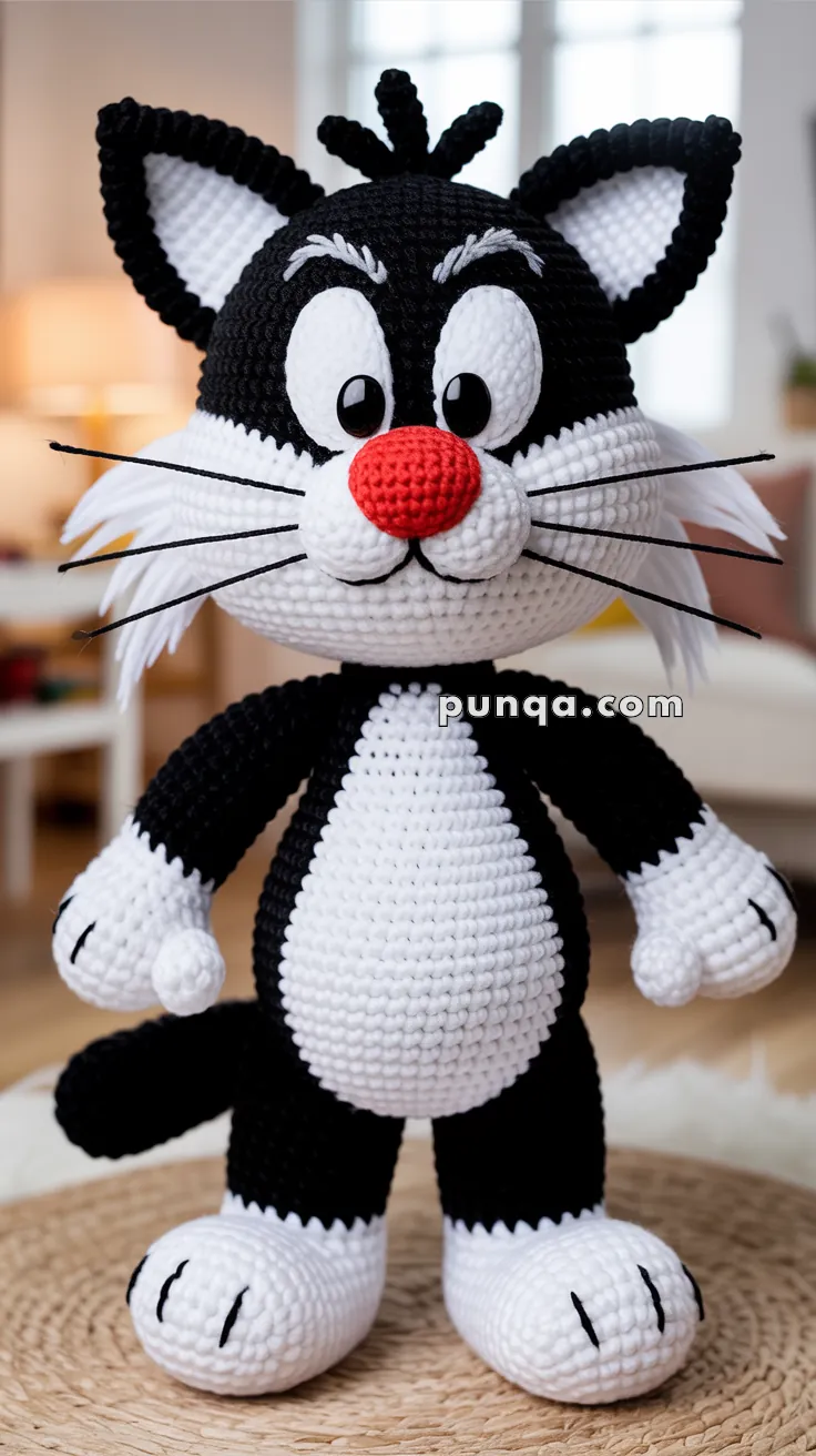 A crocheted black and white cat figure with a red nose, depicting a cartoon-style character, standing on a woven mat in a cozy room setting.