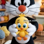 A crocheted black and white cat holding a yellow bird, displayed on a wooden table with yarn and crafting tools in the background.
