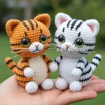 Two crocheted cat dolls, one orange with black stripes and one white with black stripes, are placed on a person's hand against a blurred outdoor background.