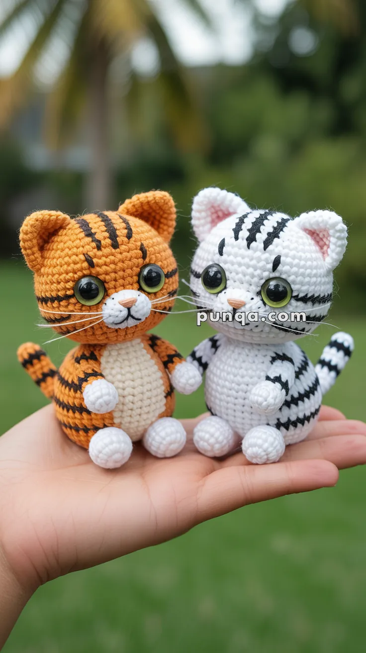 Two crocheted cat dolls, one orange with black stripes and one white with black stripes, are placed on a person's hand against a blurred outdoor background.