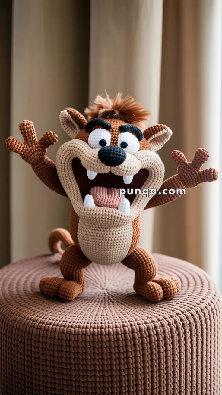 Crocheted plush toy resembling a cartoon Tasmanian Devil character with an open mouth and outstretched arms, sitting on a textured brown surface.