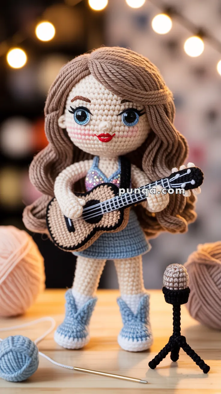 Crocheted doll with long brown hair, wearing a sparkly top and a blue skirt, holding a guitar. The doll is standing on a wooden surface with yarn balls and a crochet hook nearby, and a crocheted microphone on a stand in front.