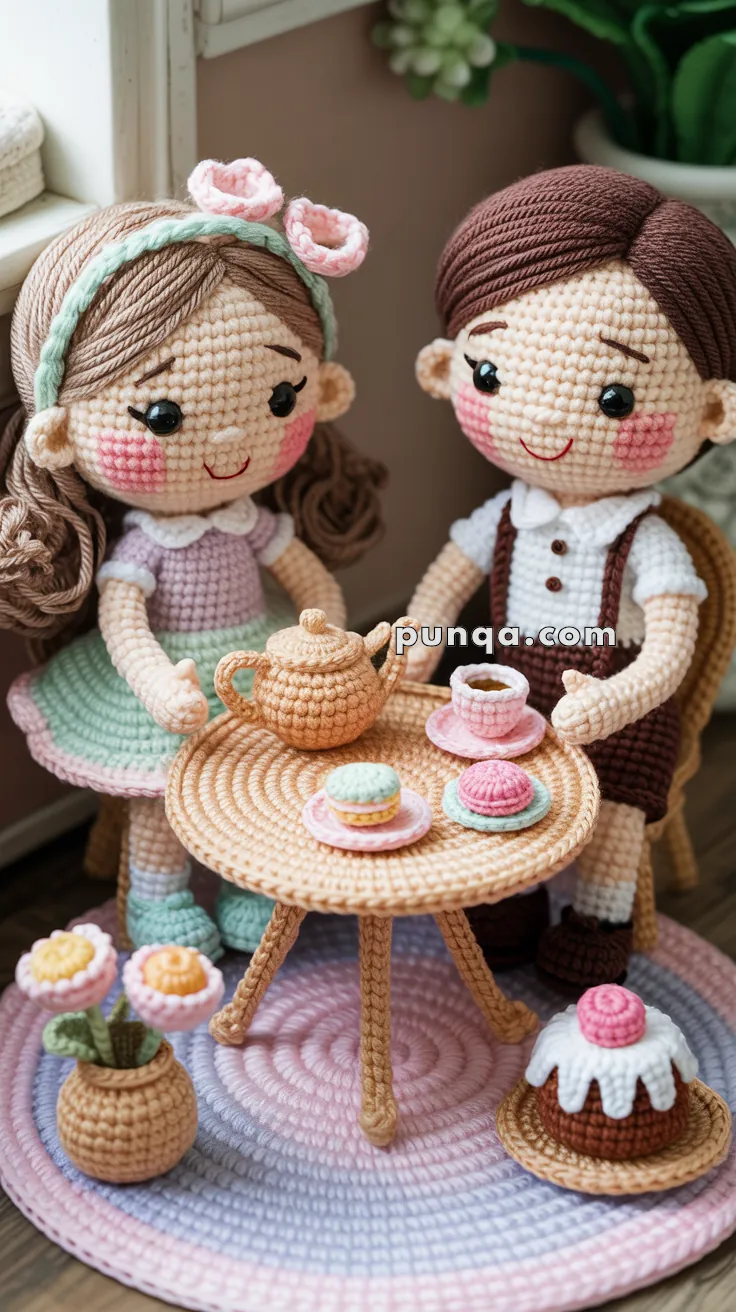 Two intricately crocheted dolls, one with a brown dress and the other in a pastel-colored dress, are sitting at a small circular table set with a tea pot, cups, and cookies in a cozy indoor setting. A crocheted rug and potted flowers add decorative details to the scene.