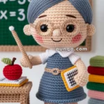 A crochet doll designed as a teacher, holding a pointer and a notebook, standing on a pink mat. The doll has gray hair styled in a bun, glasses, a blue dress, and black shoes. A small table with a red apple and papers, along with a chalkboard in the background, completes the classroom setting.