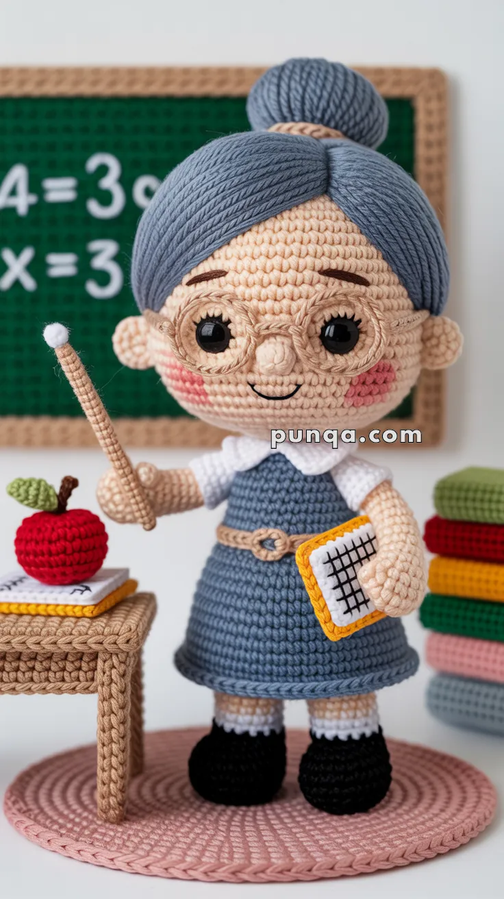 A crochet doll designed as a teacher, holding a pointer and a notebook, standing on a pink mat. The doll has gray hair styled in a bun, glasses, a blue dress, and black shoes. A small table with a red apple and papers, along with a chalkboard in the background, completes the classroom setting.