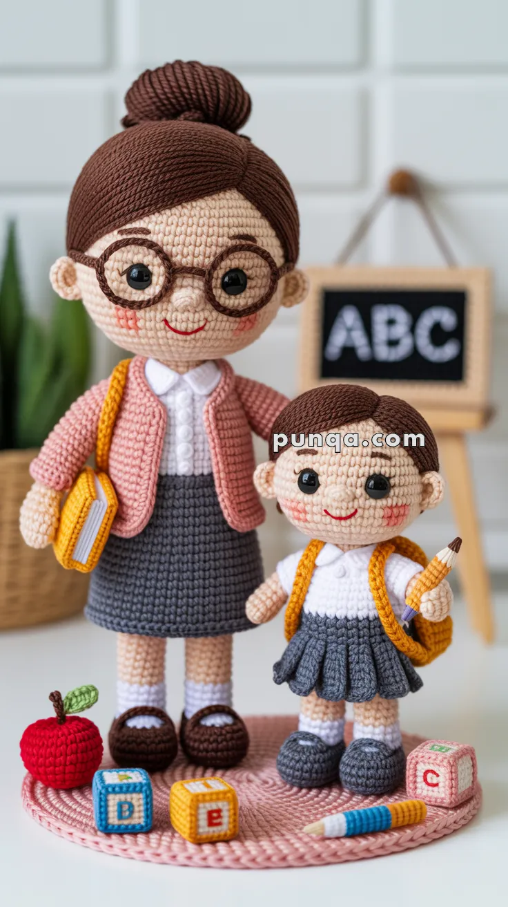Two crocheted dolls, an adult and a child, stand on a circular mat. The adult doll wears glasses, a pink sweater, and a gray skirt, holding a yellow book. The child doll wears a gray skirt, white shirt, and holds a pencil. They are positioned in front of a miniature blackboard with "ABC" written on it. Small crochet items, including an apple and letter blocks, are scattered on the mat.