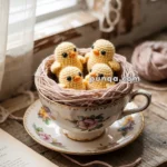 Three crocheted yellow chicks sitting in a decorative teacup on a window sill, with a ball of yarn and an open book nearby.