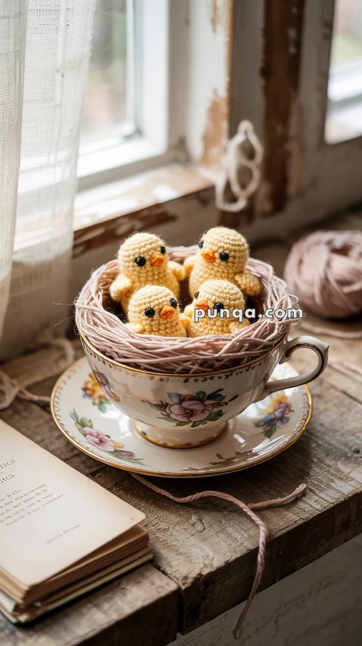 Three crocheted yellow chicks sitting in a decorative teacup on a window sill, with a ball of yarn and an open book nearby.