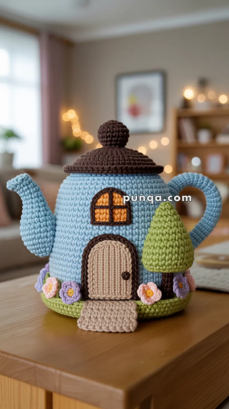 A cute crocheted teapot cozy designed to look like a small house, featuring a blue base with a round brown roof, an arched window, a door, and themed decorations including a tree and flowers. It is placed on a wooden table in a cozy, softly-lit room.