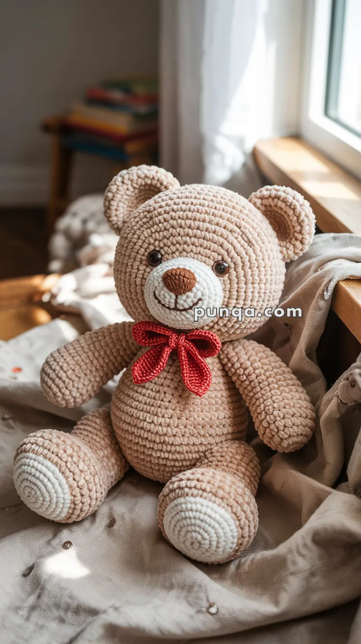 A crocheted teddy bear with a beige body, white paws and muzzle, and a red bow tie, sitting on a fabric surface near a window with books in the background.
