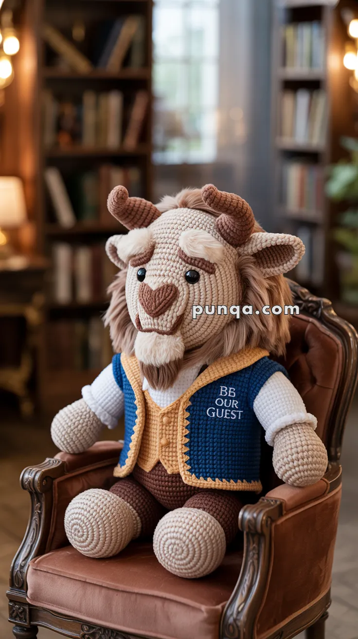 A crocheted plush toy resembling a beast with horns, sitting in an armchair, dressed in a blue vest with the words 'BE OUR GUEST' embroidered on it, in a room lined with bookshelves.