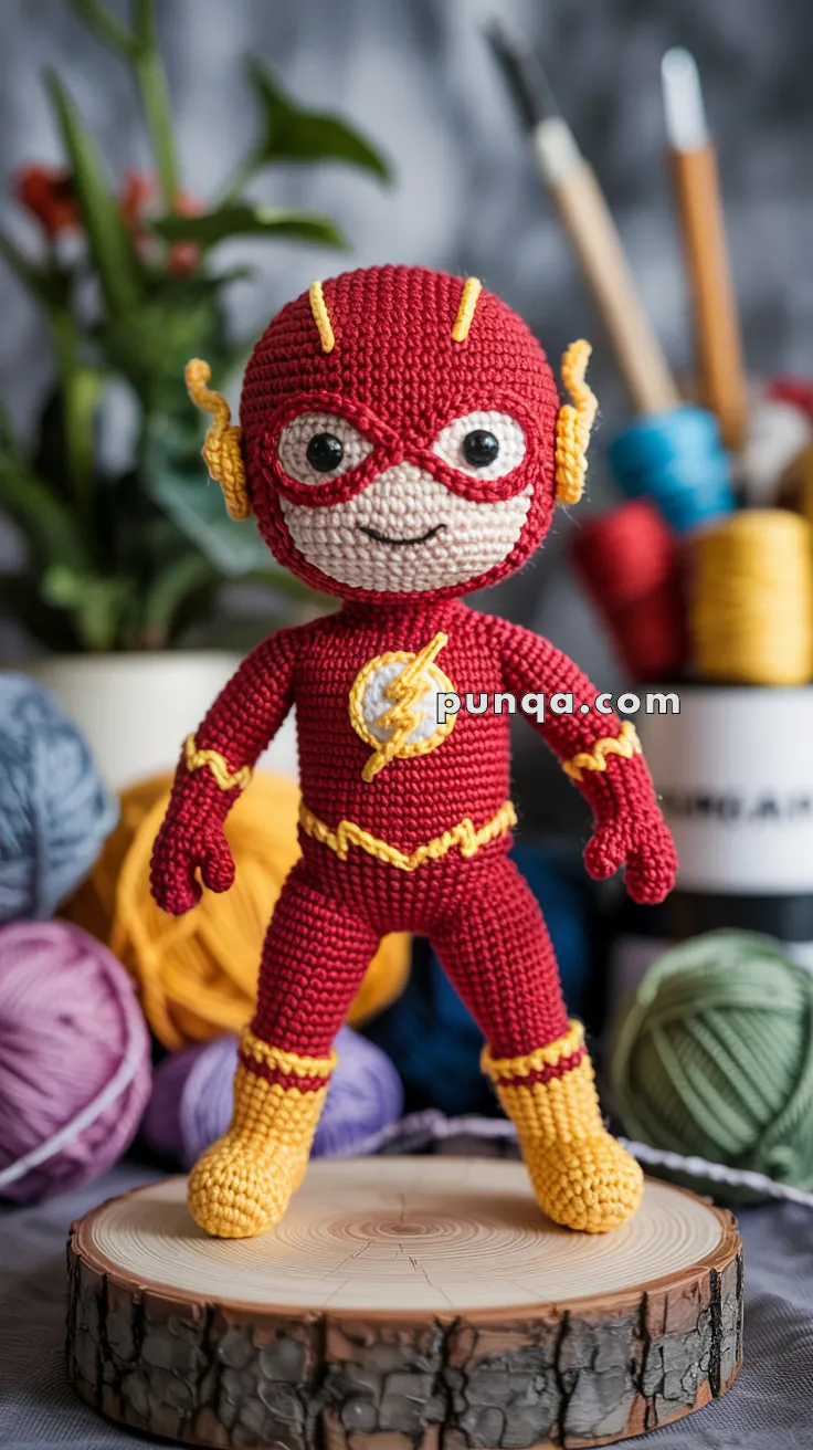 A knitted doll resembling a superhero, featuring a red and yellow outfit with a lightning bolt emblem, standing on a wooden surface with colorful yarn balls and knitting tools in the background.