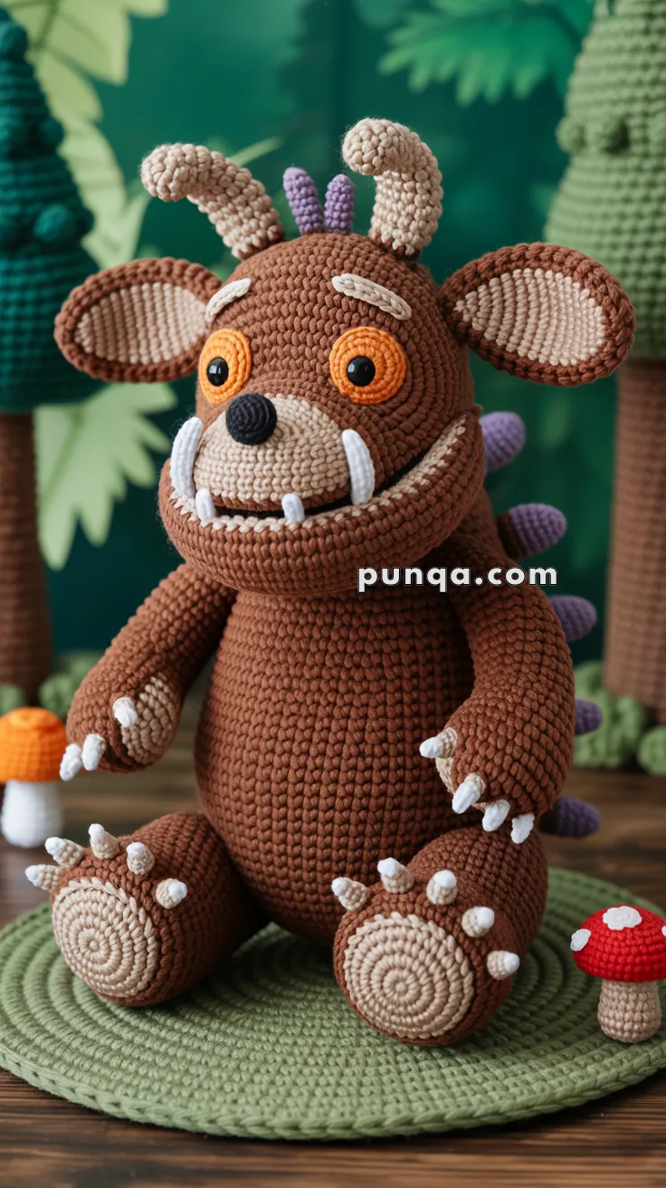 A handmade crocheted brown creature with big round ears, orange eyes, and a wide mouth displaying white tusks sits on a green mat, surrounded by a forest-like setting with crocheted trees and mushrooms.
