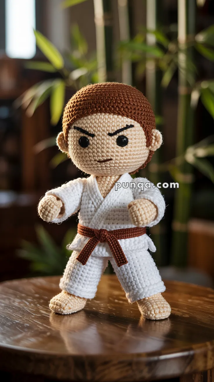 A crocheted martial arts doll with a brown belt and brown hair stands in a fighting stance on a wooden surface, with plants in the background.