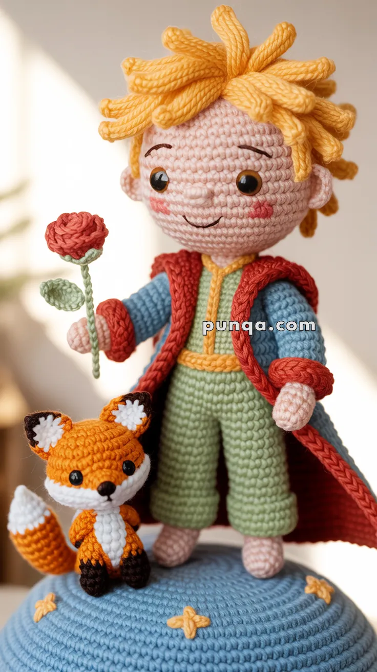 A crochet doll resembling a young character with yellow hair, holding a red flower, and wearing a red and blue attire. A small crocheted fox stands beside the doll on a blue base with star decorations.