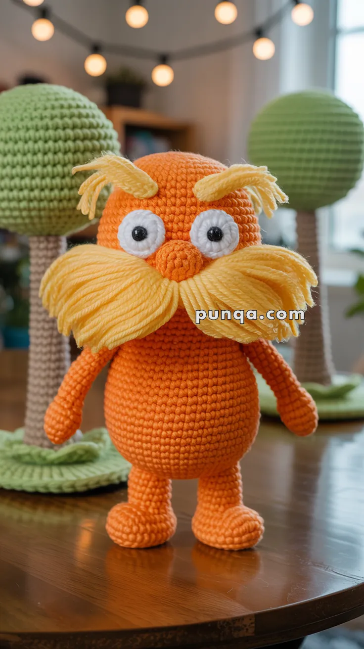 A handmade crocheted orange figure with large yellow eyebrows and mustache, featuring prominent eyes, standing on a wooden table. Behind it are green crocheted trees and blurred string lights in the background.