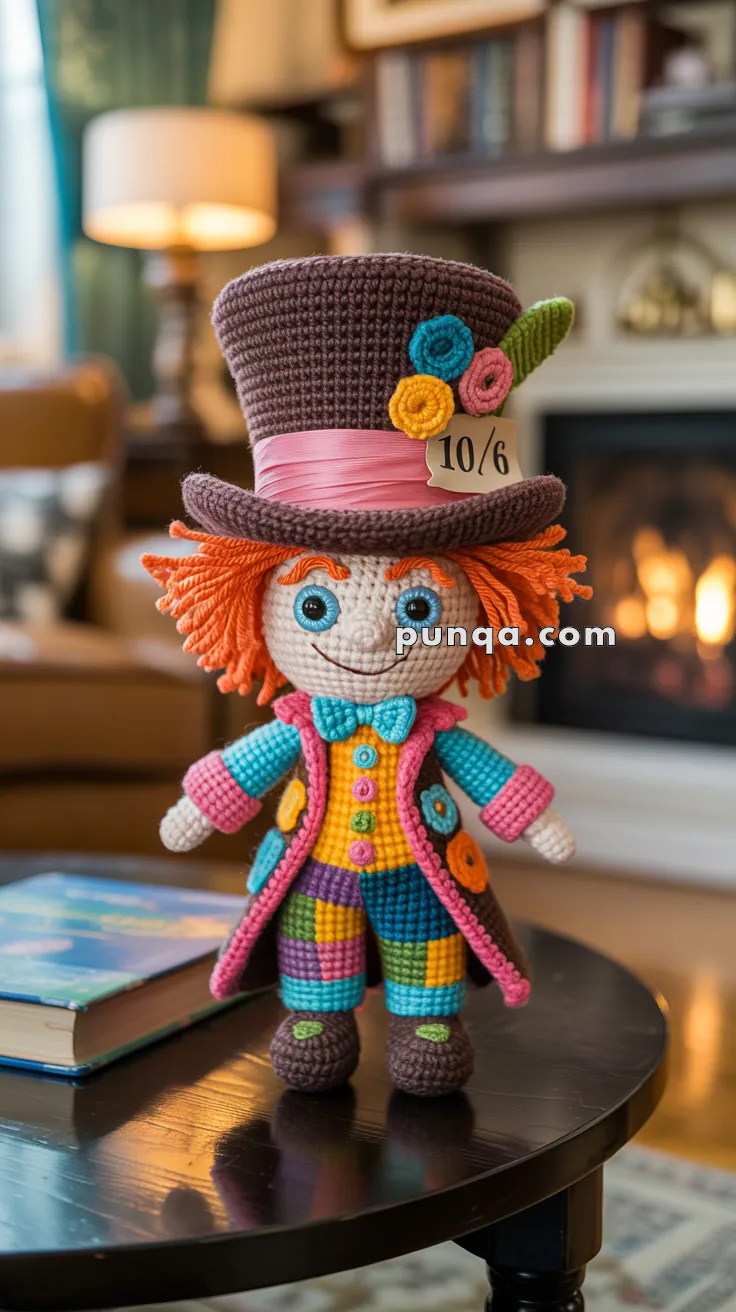 A crocheted doll resembling a whimsical character stands on a table, dressed in a colorful patchwork outfit with a top hat featuring a 10/6 card and decorative flowers. The background includes a cozy room with a fireplace and a lamp.