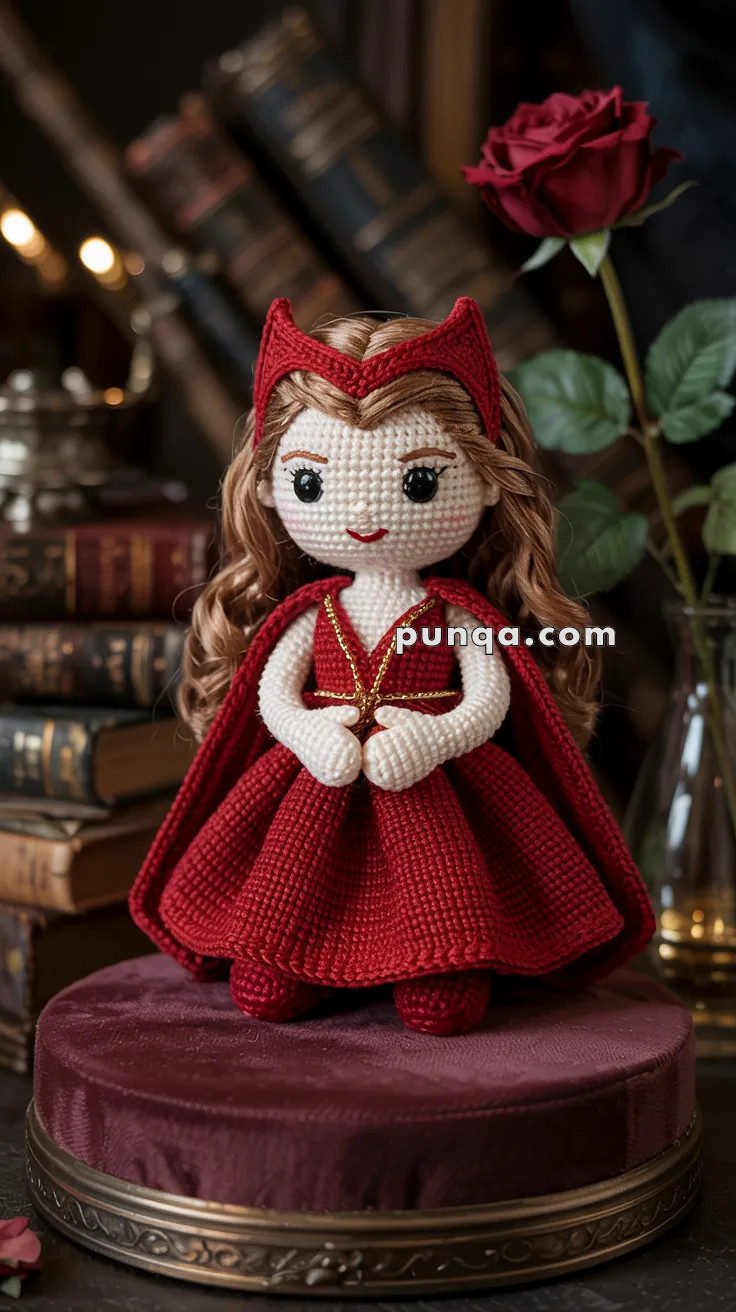 A handmade crochet doll with long brown hair, wearing a red dress and matching cape, standing on a round, velvet cushion; the background features a rose and stacked books.