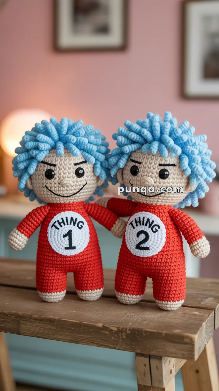 Two crocheted dolls with blue curly hair wearing red outfits labeled 'Thing 1' and 'Thing 2,' positioned on a wooden surface in a room with a soft pink background.